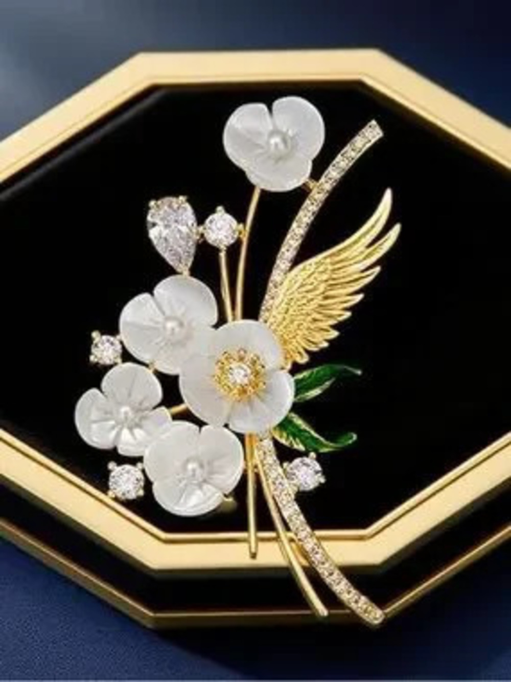 Floral Pearl & Crystal Brooch in White and Green